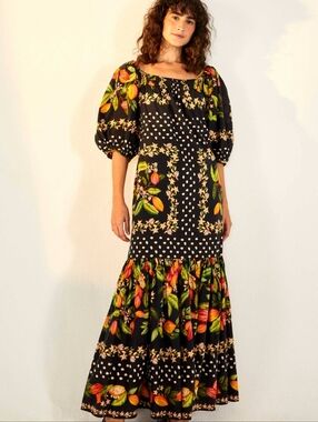 Farm Rio Cocoa Paradise Puff Sleeve Tiered Tropical Maxi Dress